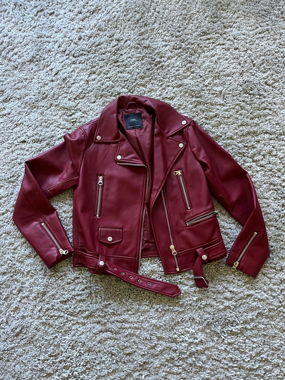 Zara Wine Red Faux Leather Moto Jacket with Belt